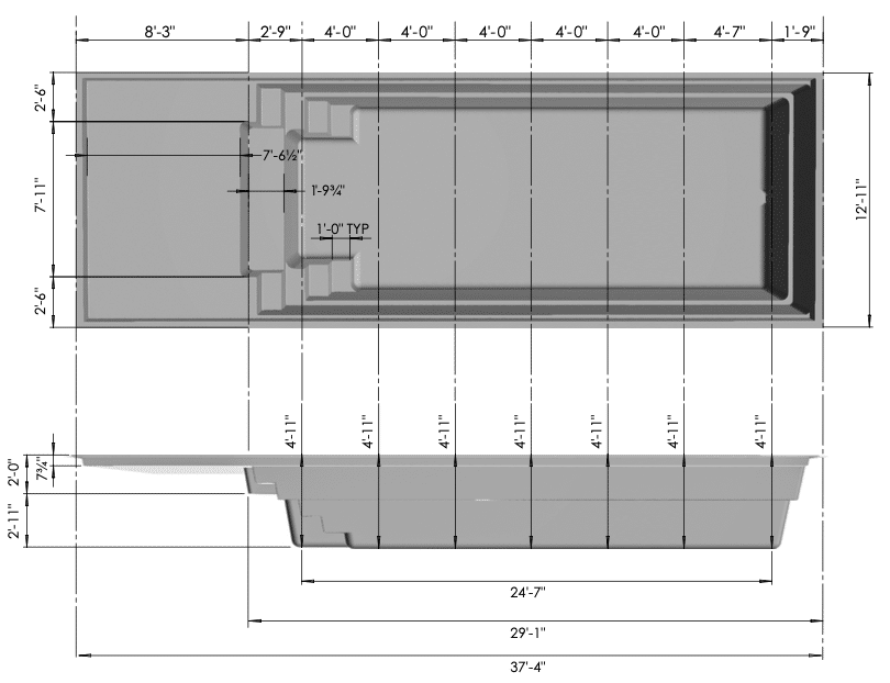 A technical drawing of a large rectangular container, shown from the top and side views. Measurements for length and width are indicated, including dimensions such as 8'3", 29'1", and 12'1".